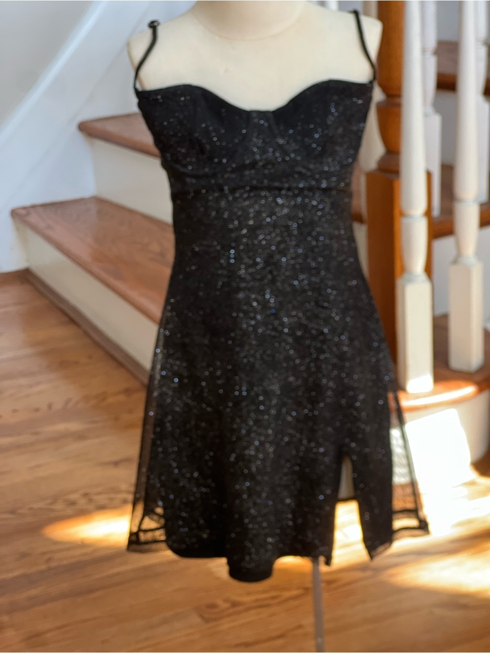 Women’s Black Sparkle Spaghetti-Strap Mini Dress - Picture 6 of 7